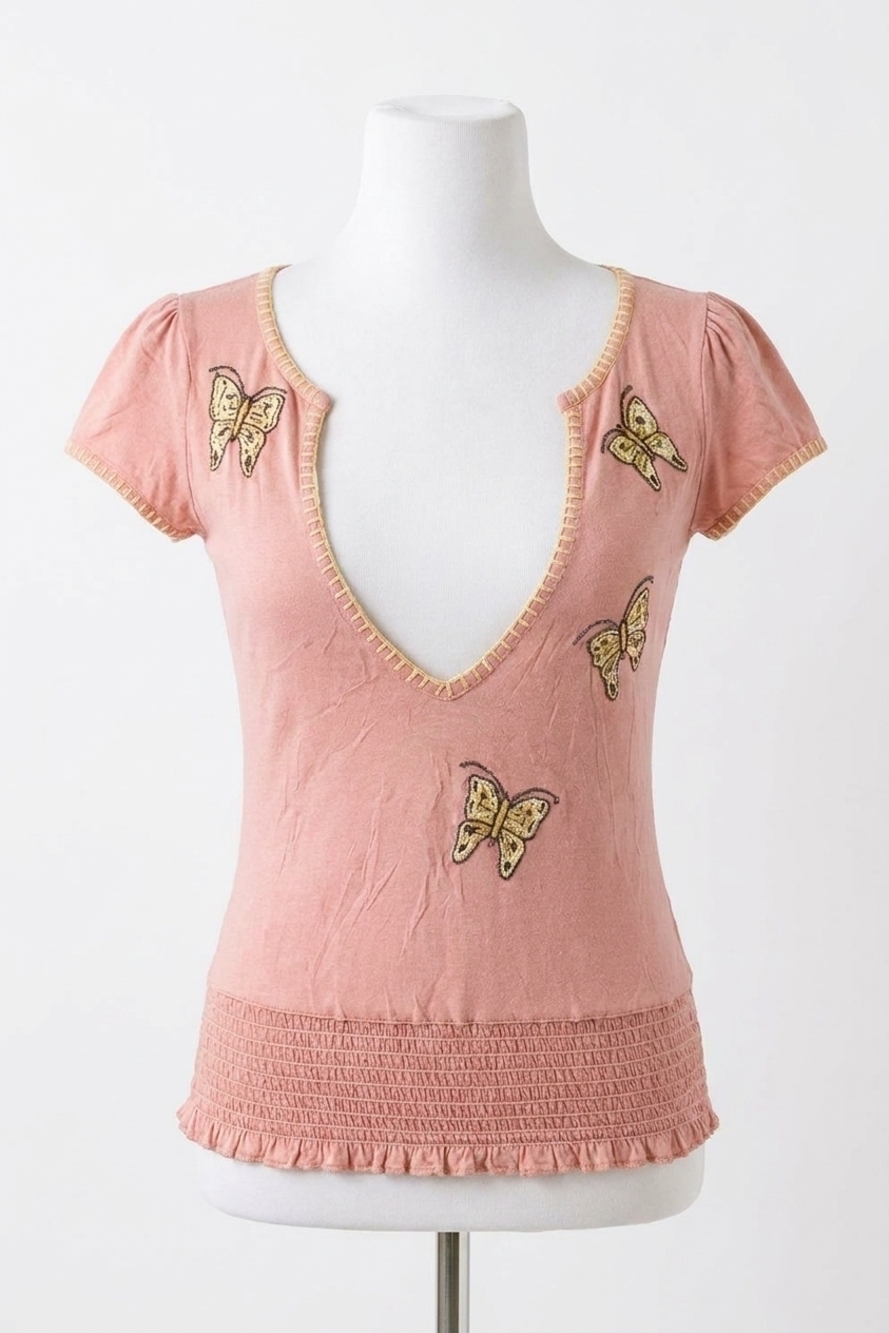 NEW PAPARAZZI chained v-neck top with embroidery & beaded works in salmon